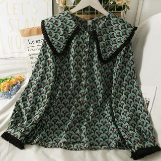 Peter Pan-collar Printed Loose Shirt Green - One Size