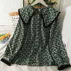 Peter Pan-collar Printed Loose Shirt Green - One Size