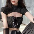 Set: Cap-sleeve Lace-up Top + Arm Sleeves Top & Arm Sleeves - Black - One Size