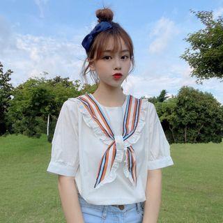Cape Accent Puff-sleeve Chiffon Blouse As Shown In Figure - One Size