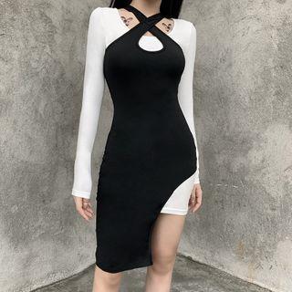Set: Long-sleeve Plain Bodycon Mini Dress + Halter-neck Dress