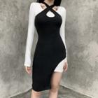 Set: Long-sleeve Plain Bodycon Mini Dress + Halter-neck Dress