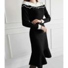 Contrast-trim Ruffle-hem Midi Knit Dress Black - One Size