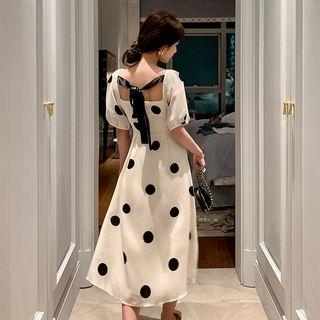 Dotted Tie-back Short-sleeve Midi A-line Dress