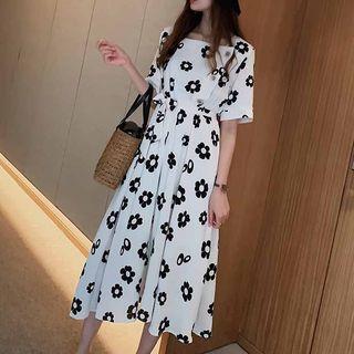 Flower Print Square-neck Elbow-sleeve Midi A-line Dress