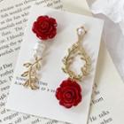 Rose Faux Pearl Alloy Asymmetrical Dangle Earring 1 Pair - Red - One Size