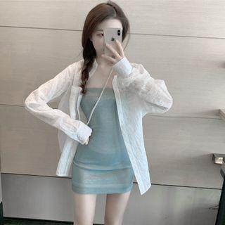 Long-sleeve Sheer Shirt / Spaghetti Strap Mini Bodycon Dress