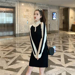 Turtleneck Color Block Long-sleeve A-line Dress