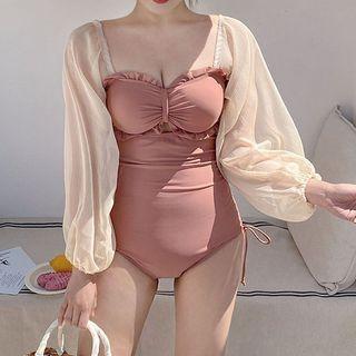 Long-sleeve Open-back Drawstring Swimsuit