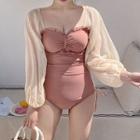 Long-sleeve Open-back Drawstring Swimsuit