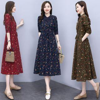 Stand Collar Frill Trim Floral Midi Shirtdress