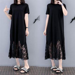 Lace Panel Short-sleeve Midi T-shirt Dress