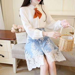 Tie-accent Beaded Blouse / Mesh Overlay Denim Skirt / Set
