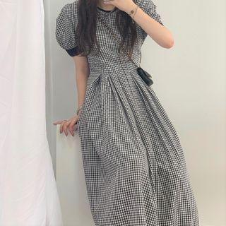 Short-sleeve Plaid Midi A-line Dress Gingham - One Size