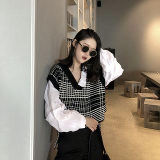 Plaid Knit Panel Mock Two-piece Blouse