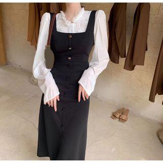 Embroidered Buttoned Blouse / Sleeveless Midi Dress