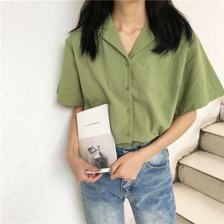 Plain Notch Lapel Elbow Sleeve Shirt