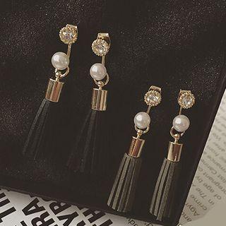 Faux Pearl Rhinestone Tassel Earring