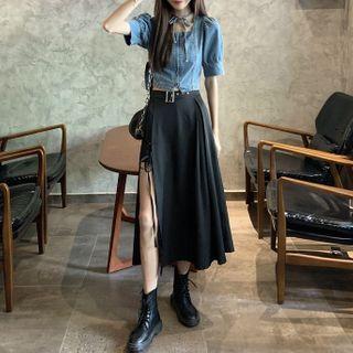Denim Zipper Crop Top / Side-slit Mini Skirt With Belt