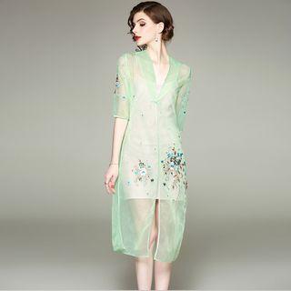 Embroidered Elbow-sleeve Long Mesh Jacket