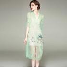 Embroidered Elbow-sleeve Long Mesh Jacket