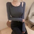 Long-sleeve Cutout Front Top Gray - One Size