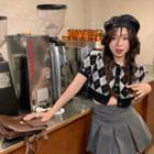 Two Tone Plaid Button-up Knit Cropped Top / High-waist Plain A-line Mini Skirt