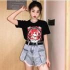 Set: Short-sleeve Printed T-shirt + Frayed Hem Wide-leg Denim Shorts