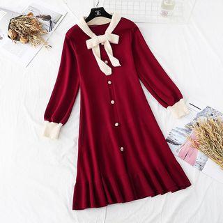 Tie-neck Ruffle Hem Buttoned Knit Dress