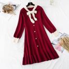 Tie-neck Ruffle Hem Buttoned Knit Dress