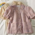 Tweed Puff-sleeve Button-up Loose Top