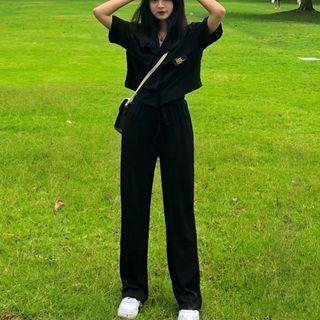 Elbow-sleeve Shirt / High Waist Wide Leg Pants