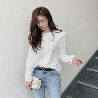Scalloped Buttoned Capelet Blouse