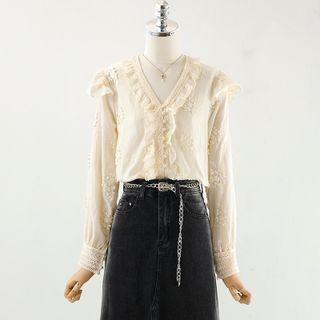Lace Ruffle Blouse / Denim Midi A-line Skirt / Waist Chain / Set