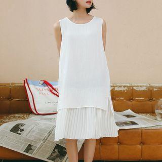 Mock Two Piece Pleated Hem Tank Dress