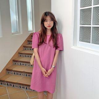 Puff-shoulder Textured Shift Dress