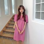 Puff-shoulder Textured Shift Dress