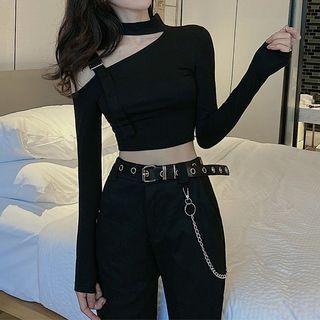 Long-sleeve Cold-shoulder Cutout Cropped T-shirt / Skinny Pants / Belt / Chain / Set