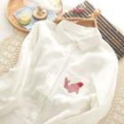 Long-sleeve Fish Embroidered Pocket Shirt Milky White - One Size