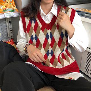 V-neck Diamond Patterned Knit Vest As Shown In Figure - One Size