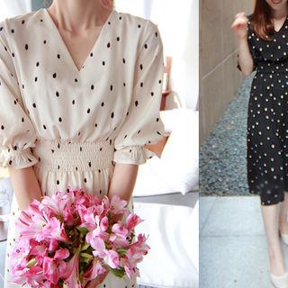Smocked-waist Polka-dot Dress