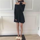 Off-shoulder Long-sleeve Mini A-line Dress Black - One Size