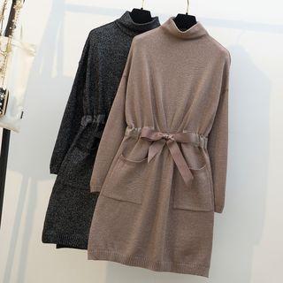 Mock Neck Drawstring Waist Knit Dress