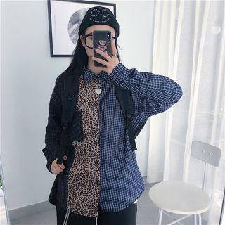 Long-sleeve Leopard Check Panel Button-down Shirt As Shown In Figure - One Size