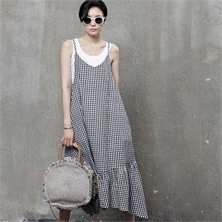 Spaghetti-strap Ruffled Gingham Long Dress