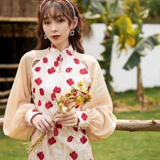 Puff-sleeve Floral Embroidered Cutout Maxi Qipao Dress
