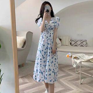 Puff-sleeve V-neck Drawstring Floral Dress