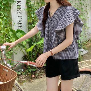 Ruffle Sleeves V-neck Plaid Blouse