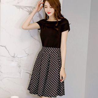 Set: Short-sleeve Top + Polka Dot A-line Skirt