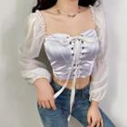 Long-sleeve Lace-up Mesh Crop Top
